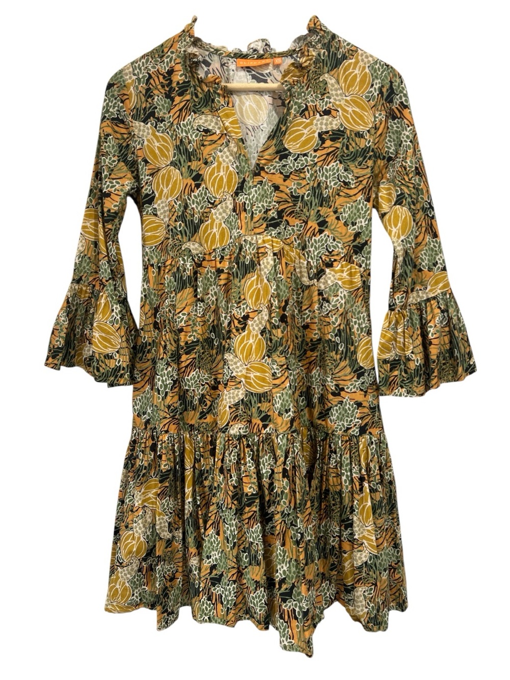 Oliphant Tiered Bell Sleeve Cotton Mini Dress in Orange Green Black Abstract XS